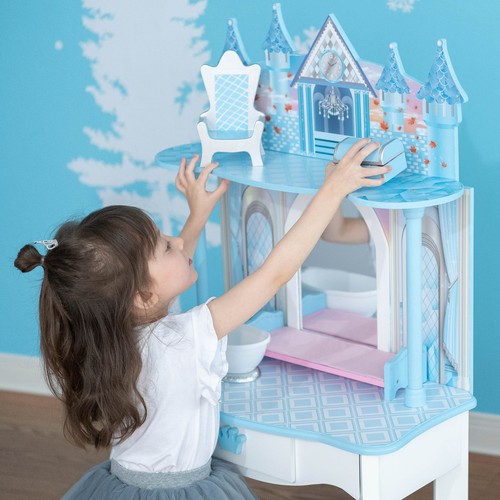 Girls 6pc Vanity Set Blue White Castle Princess Table Mirror Stool Makeup Drawer - Picture 5 of 10