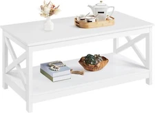 Yaheetech Wood 2-Tier White Coffee Table with Storage Shelf for Living Room Home