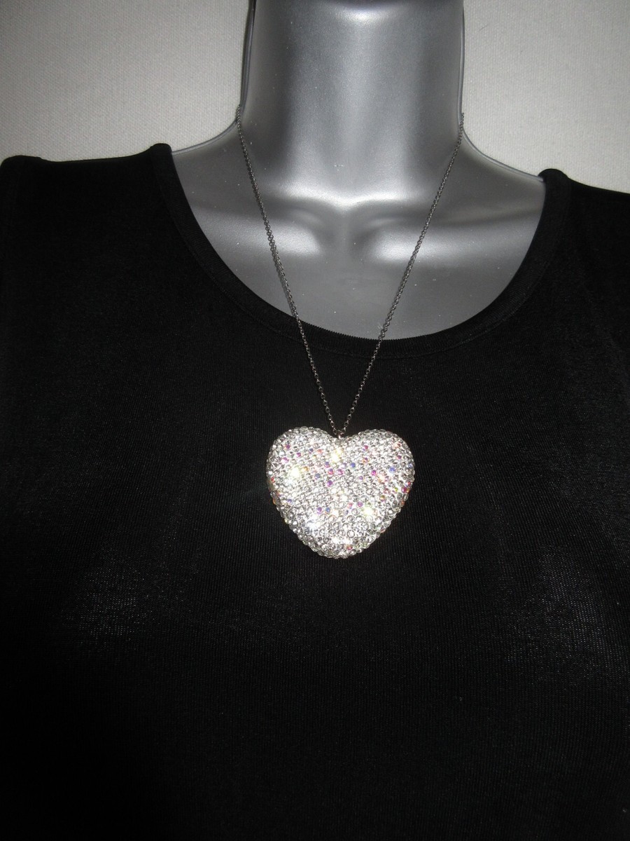 Rhinestone Heart Necklace Large 1.75in Pendant Crystal