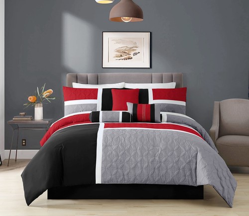 Chezmoi Collection 7-Piece Quilted Patchwork Comforter Set, Red/Gray/Black, K... - Picture 2 of 8