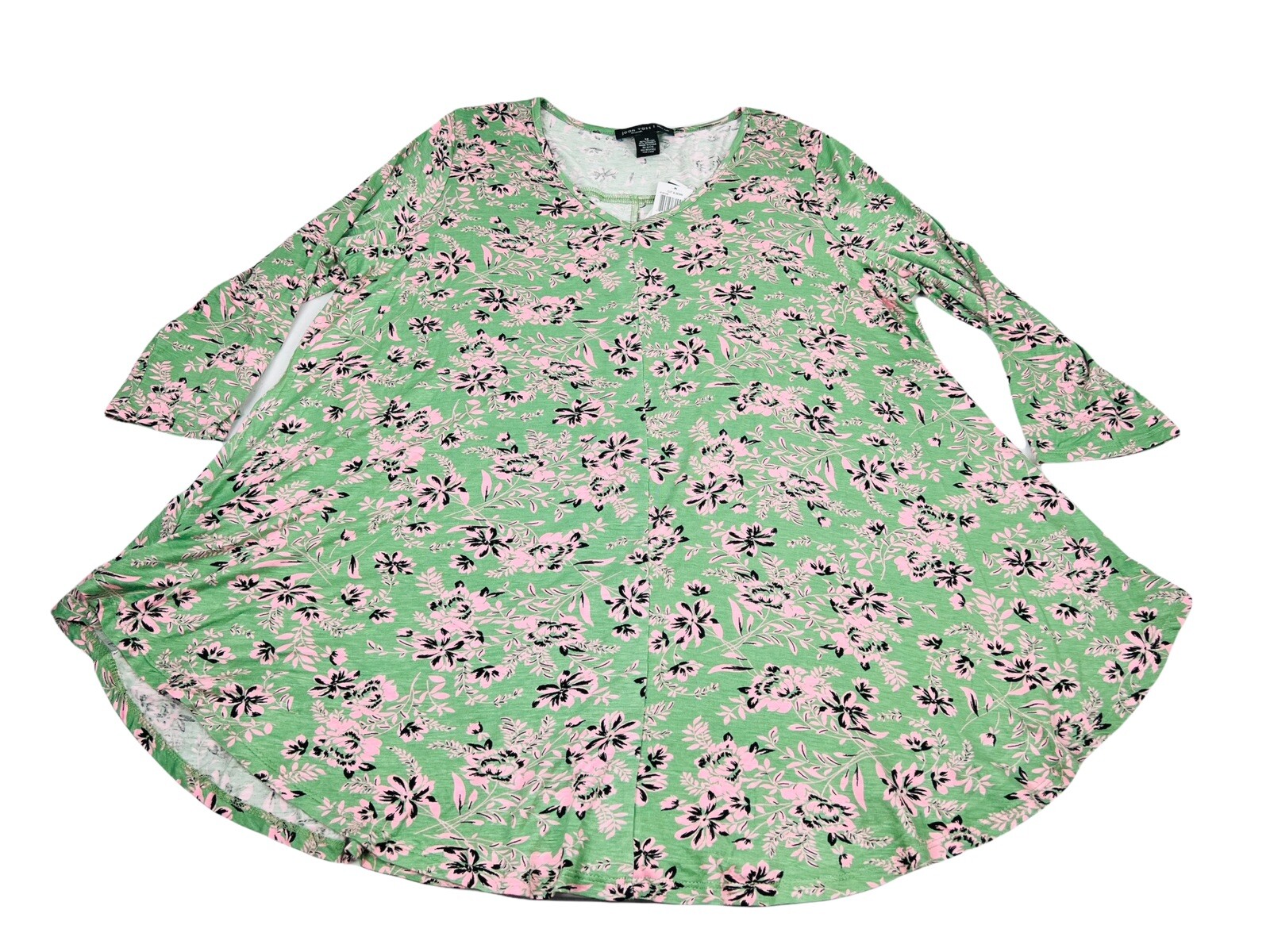 Joan Vass Womens Top Green Floral Pink 3/4 Sleeve Rayon Stretch Flare NWT $48