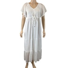 NWT Boho Chic White Maxi Dress Size Medium With Flutter Sleeves & Smocked Bodice