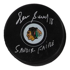 Denis Savard Signed Blackhawks Logo Puck Inscribed 