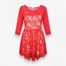 Free People Hot Red Floral Lace Fit Flare 3/4 Sleeves Mini Dress Size 0 NWT