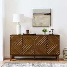 Storage Sideboard W Grooves and Geometric Pattern Featuring Adjustable Shelves