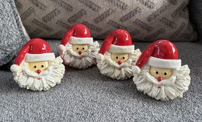 Vintage Handpainted Santa Napkin Rings Set Of 4 Holiday Christmas Tableware