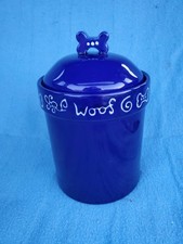 Blue Ceramic Dog Treat Jar Bone Lid Stoneware...