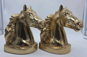 Vintage Horse Head Equestrian Pair Bookends  Metal Gold/Brass Tone
