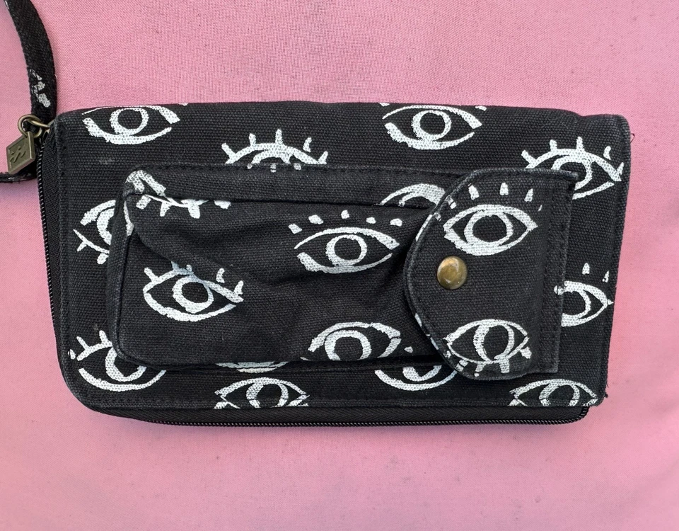 Cartera de muñeca de lona Billabong con estampado de ojos negra Boho Surf bolsa con cremallera 9x5 Foto 2 de 4