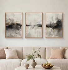 "Juego de lienzo abstracto negro beige neutro enmarcado tríptico arte de pared moderno 24"" X 48"