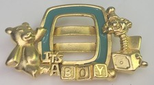 It's A Boy Baby Photo Brooch Pin Gold Tone Blue Enamel Teddy Blocks Danecraft