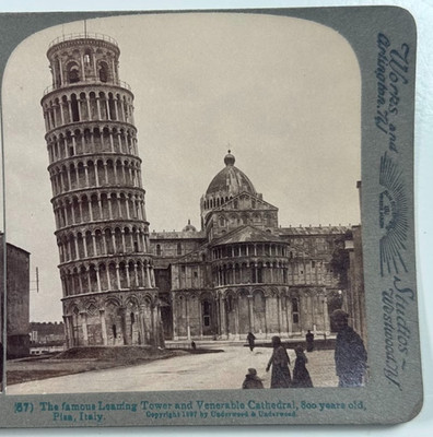The Famous Leaning Tower and Ancient Cathedral, 800 Years Old, Pisa, Stereoview