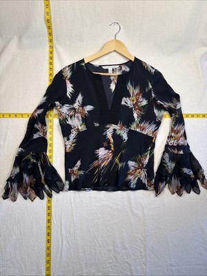 Diane Von Furstenberg Size 8 Black Silk Floral Boho Babydoll Flared Sleeve Top
