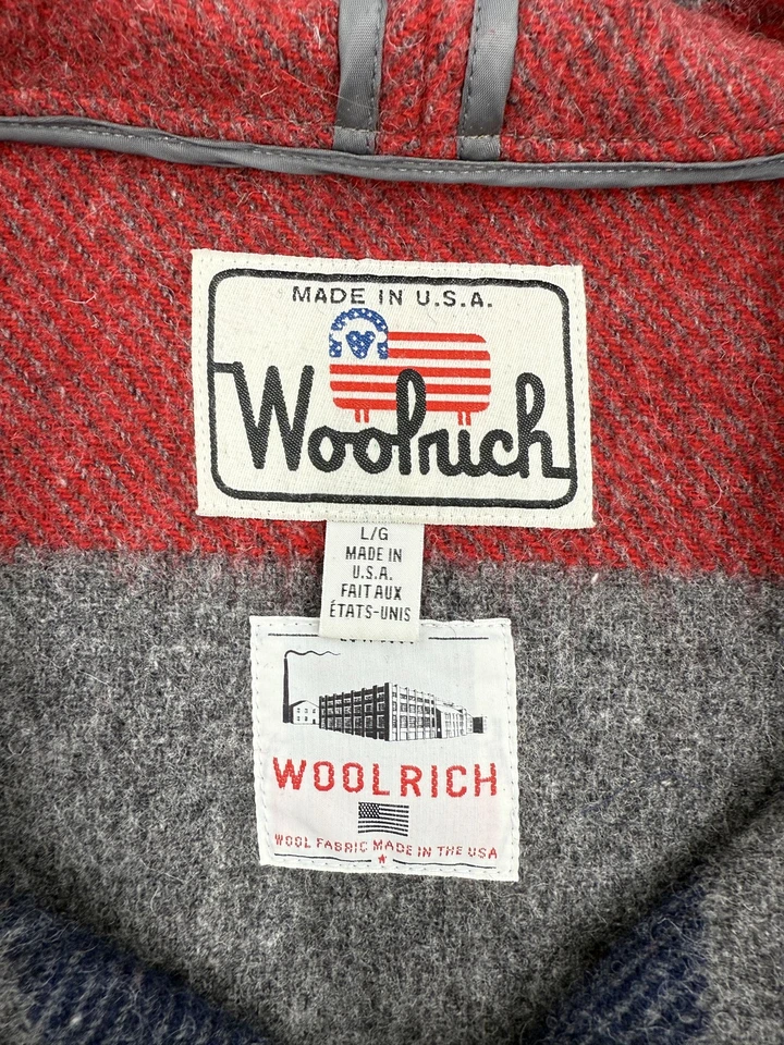 Woolrich Pullover Sweater Mens Large Gray Red Blue Striped Hooded Wool USA Made - Image 3 of 4
