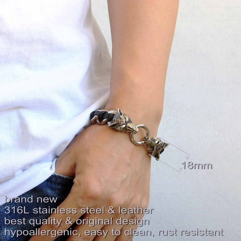 Brazalete de cuero pesado de cadena cubana de acero inoxidable con cabeza de lobo vikingo nórdico para hombre Foto 2 de 4