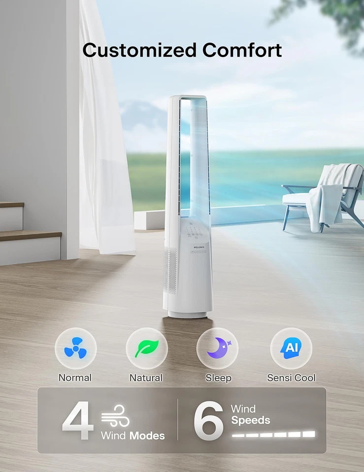 Ventilador de torre sin aspas con flujo de aire potente de 26-33 pies, compatible con Alexa y Google... Foto 3 de 4