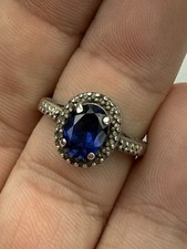 Sterling Silver Oval-Cut Blue Sapphire W/ White Stones Ring Size 7 - 3.3g