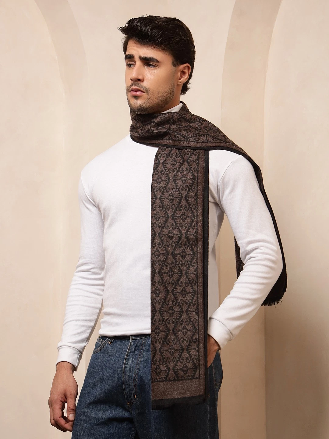 Men 100% CASHMERE SCARF Made in India Soft Wool Wrap Plaid Black /Brown Scarves