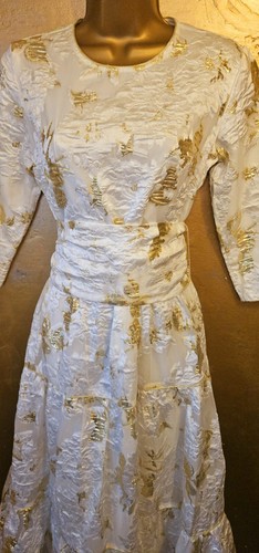 Impresionante Vestido Largo Completo Vintage Baruni Blanco y Dorado, s.M, Forrado, Cremallera, Cinturón Ancho - Imagen 6 de 21