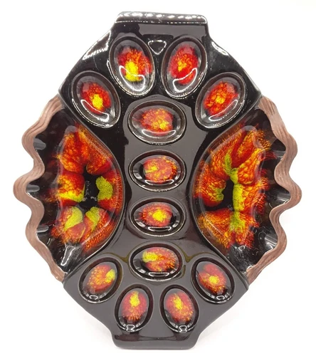 Vtg MCM Sequoia Ware Pottery Black Red & Yellow Lava Glaze Deviled Egg Tray #749