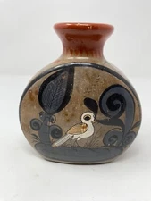 Tonala Folk Art Mexican Pottery Bud Vase Signed R. Diaz Mexico Birds Fauna 6.25"