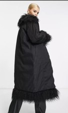 Asos Reclaimed Vintage Longline Puffer Coat With Faux Fur Detail In Black Size 8