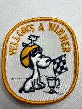 VTG c 1980s Snoopy YELLOW WINNER SNOWMOBILE RACING MOTORSPORTS Patch Sew-On M028