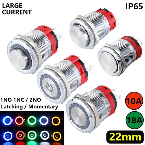 22mm Push Button Switch Latching Momentary On Off LED Large Current Waterproof