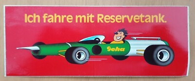 Geha Aufkleber ''Ich fahre mit Reservetank'', 17x6,5cm, 80er Jahre, Sammlerstück