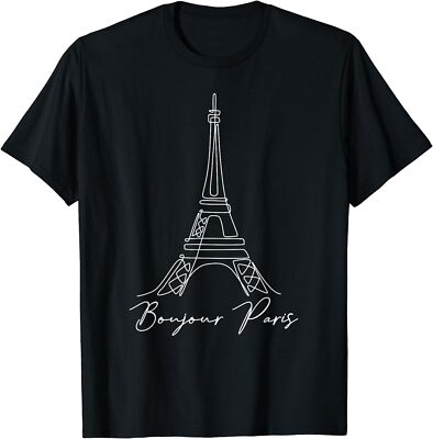 NEW LIMITED Bonjour Paris Hand Drawn One Line Art Drawing Eiffel Tower T-Shirt