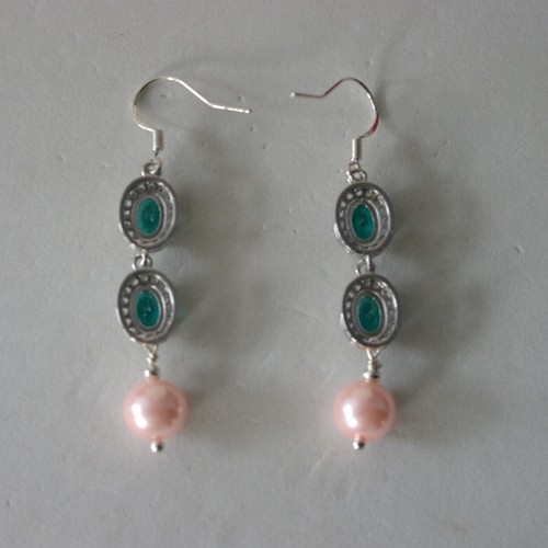 SILVER EARRINGS WITH RICH BLUE AQUAMARINE & PINK PEARLS 6 GR 3.6 CM LONG + HOOKS - Picture 6 of 6