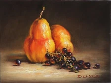 New Original Oil Painting Still Life Realism Pears & Grapes 9 x12" Signed by Z.L