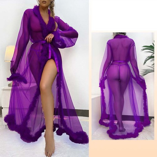 Sexy See-through Mesh Long Sleepwear Robe with Belt Sheer Lingerie Dress Gown - Picture 10 of 24