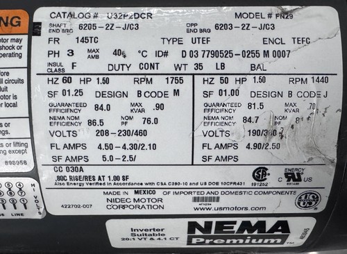 US Motors FN29 U32P2DCR 1/2HP, 3PH, 1755RPM, 60Hz,208-230/460V,U32P2DCR - Picture 7 of 7
