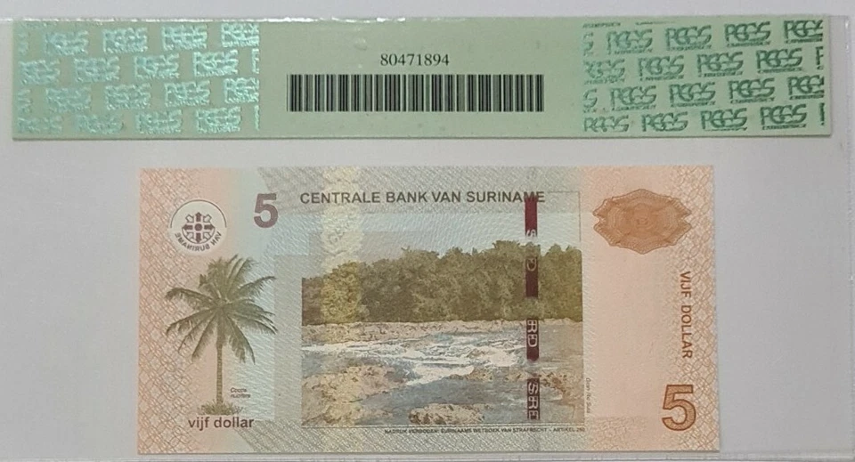 2010 Suriname 5 Dollars PCGS68 PPQ SUPERB GEM NEW {P-157c} - Image 2 of 4