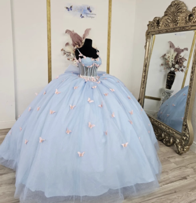 light blue butterfly prom dress MissJophiel V Neck Beaded Butterfly Sky Blue Long Dress Sky Blue / Tea Length / US12