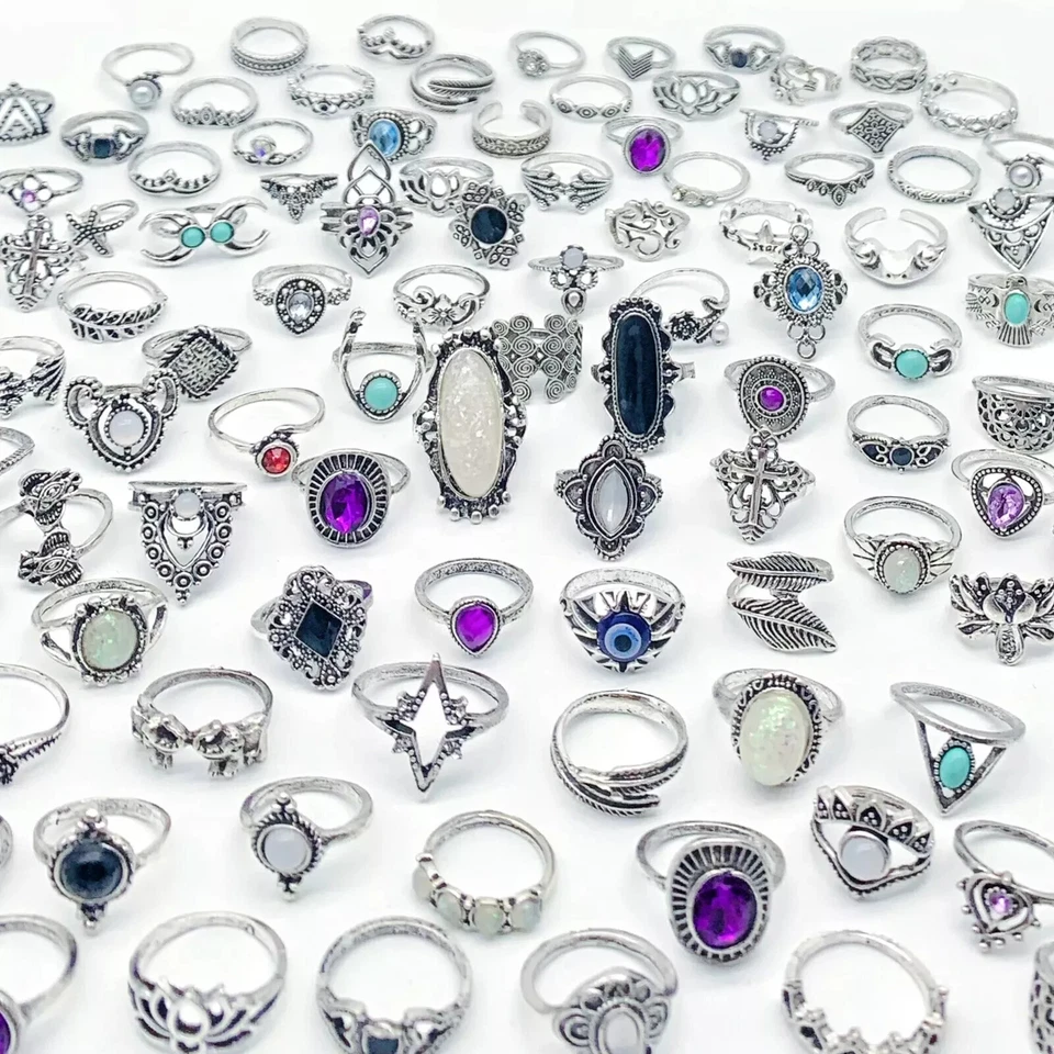 Lote de 50 anillos bohemios antiguos de plata vintage mezcla de mujeres piedra retro dijes Foto 2 de 4