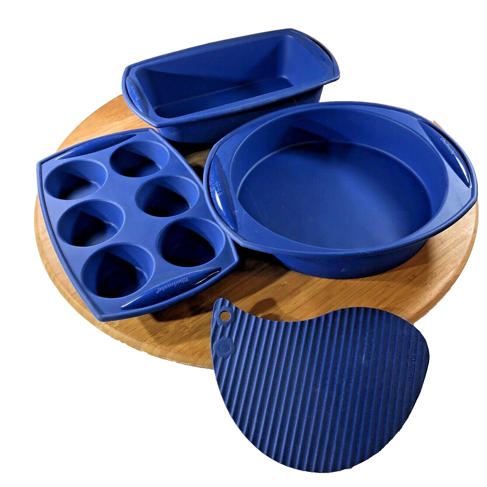4 PC Chefmate silicone baking blue non-stick bakeware muffin pie bread hot pad
