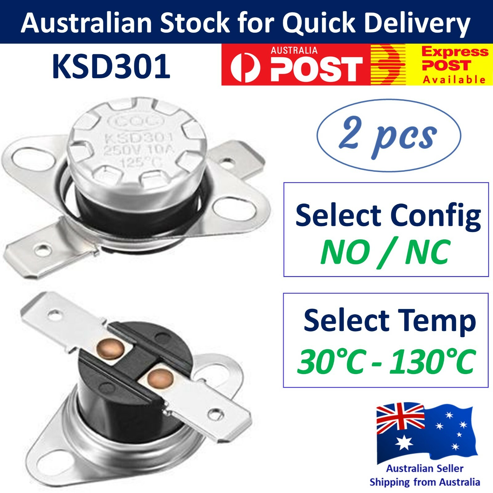 2x KSD301 Temperature Thermostat Thermal Switch - 250V 10A NO / NC ...