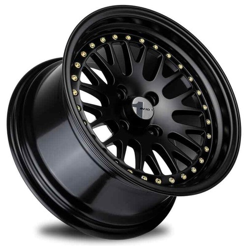 15x8 +25 Avid 1 AV-12 4x100 Matte Black / Gold Rivets Wheels (Set of 4) - Picture 2 of 3