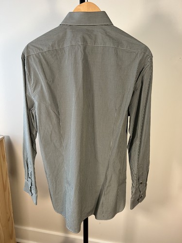 Camicia abito da lavoro John Varvatos verde micro a scacchi aderente taglia 16 L - Foto 5 di 6