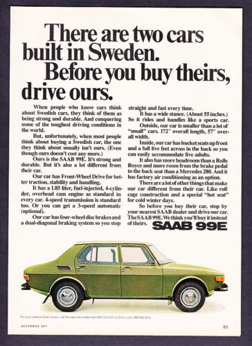 1972 Saab 99E Sedan photo "Strong & Durable" promo ad - Picture 1 of 1