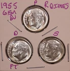 1955 P D S  Roosevelt Dimes GEM BU! D FULL BANDS! from OBW ROLLS 55708 (3 COINS)