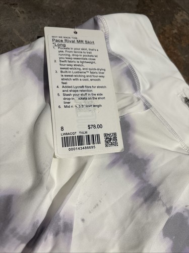 Lululemon Pace Rival MR Skirt Long 3.5” Liner Size 8 Tye Dye white purple - Picture 9 of 9