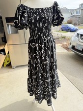 Black White Abstract Print Smocked Off Shoulder Puff Sleeve Midi Dress