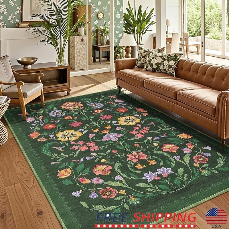 Machine Washable Vintage Floral Area Rug Non Slip Soft For Kids