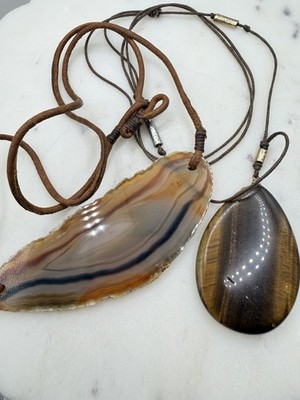 Handcrafted Agate Teardrop Slice Pendant Statement Necklace Cord Brown Beige Bl 