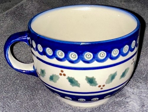 Boleslawiec Polish Pottery Large Holly Berry Large Soup Mug Cup Blue Handmade - Picture 2 of 8
