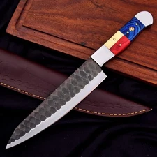 CUSTOM HANDMADE HAMMERED D2 TEXAS FLAG HANDLE CHEF KNIFE PREIMUM LEATHER SHEATH
