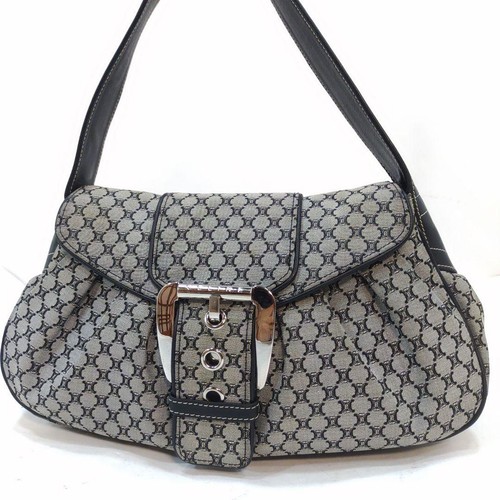 CELINE Macadam Canvas Leather Shoulder Bag Gray Vintage One Strap USED 707N